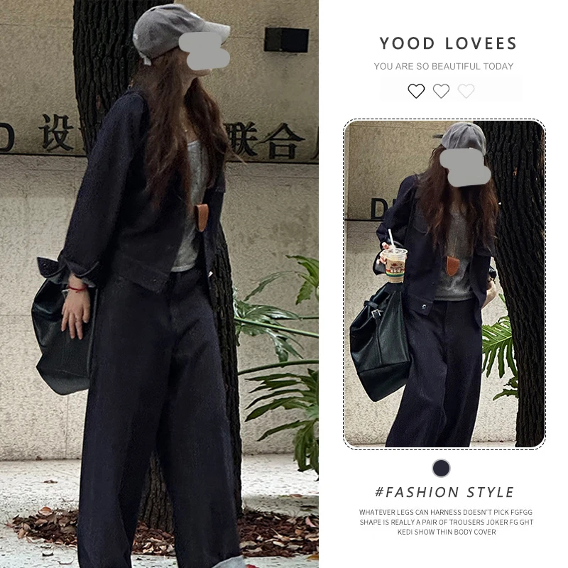 2025年春秋新款时尚套装高级感POLO领拼接短款外套+高腰阔腿裤