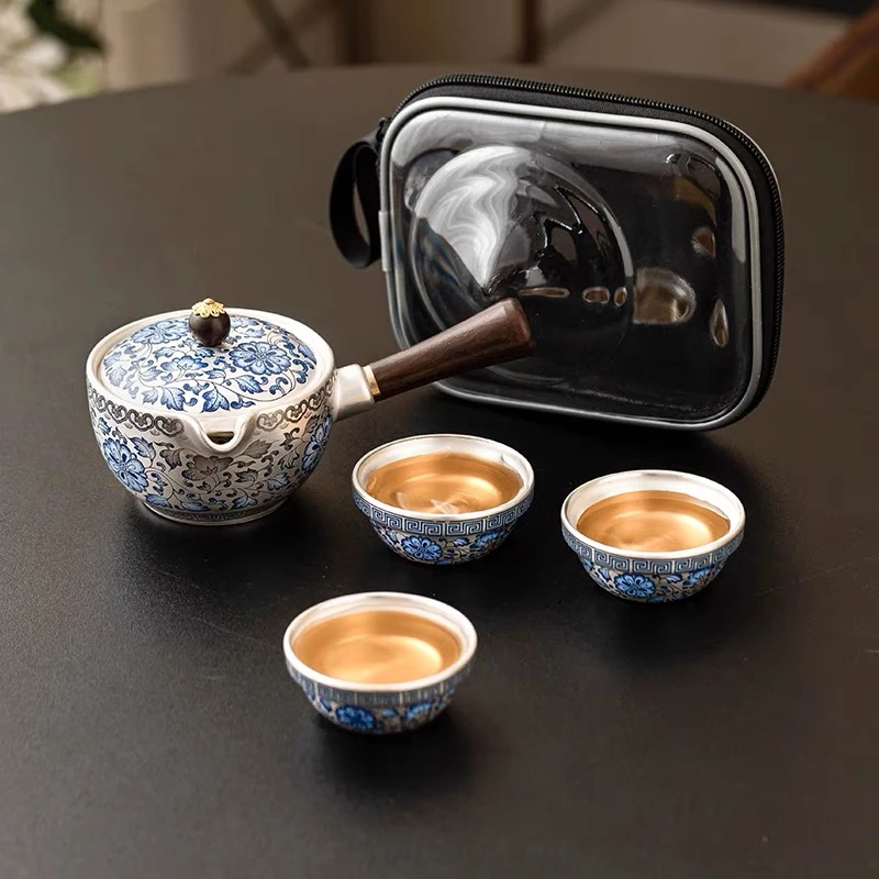 缠枝莲鎏银一壶三杯@@F926