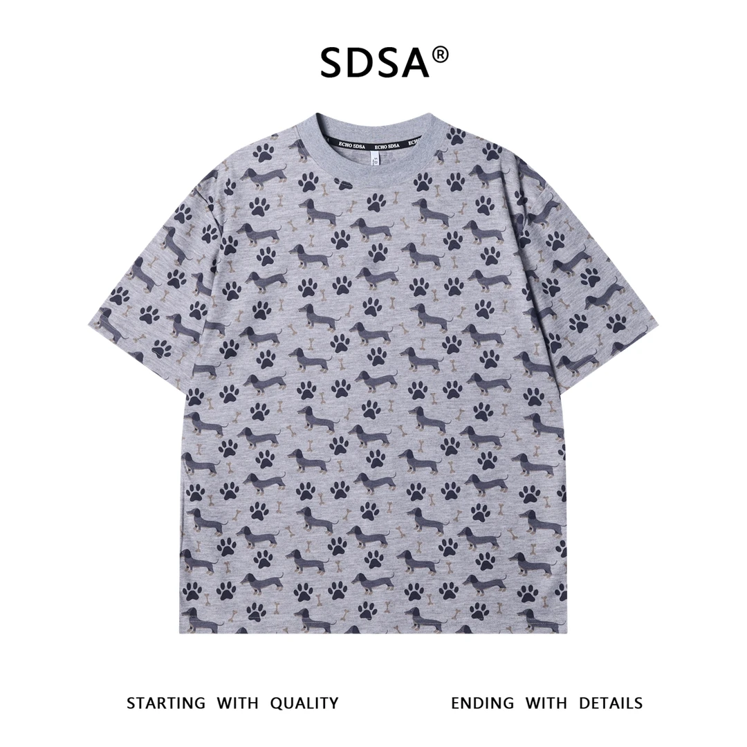 夏季高级感新款美式复古小狗印花圆领短袖T恤潮流时尚宽松上衣