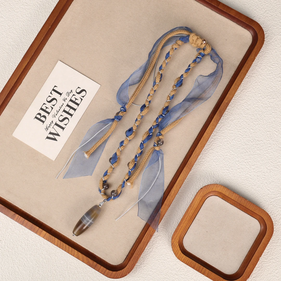 LZ4452天然巴西药师三线玛瑙烟紫色蓝色丝带绳编项链