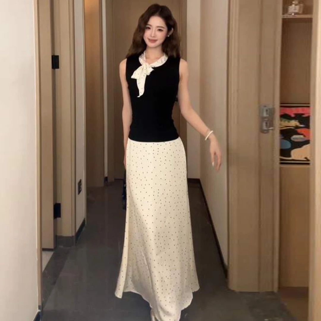 法式蝴蝶结无袖背心波点连衣裙子女夏季2025新款绝美漂亮套装长裙