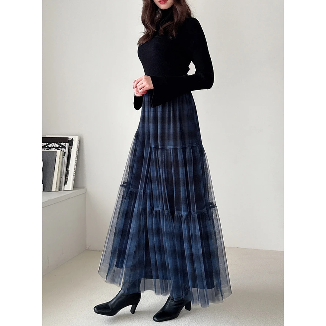 【MonTendre】夏季新款 F 甜美薄纱半裙撞色格纹松紧腰A字半身裙