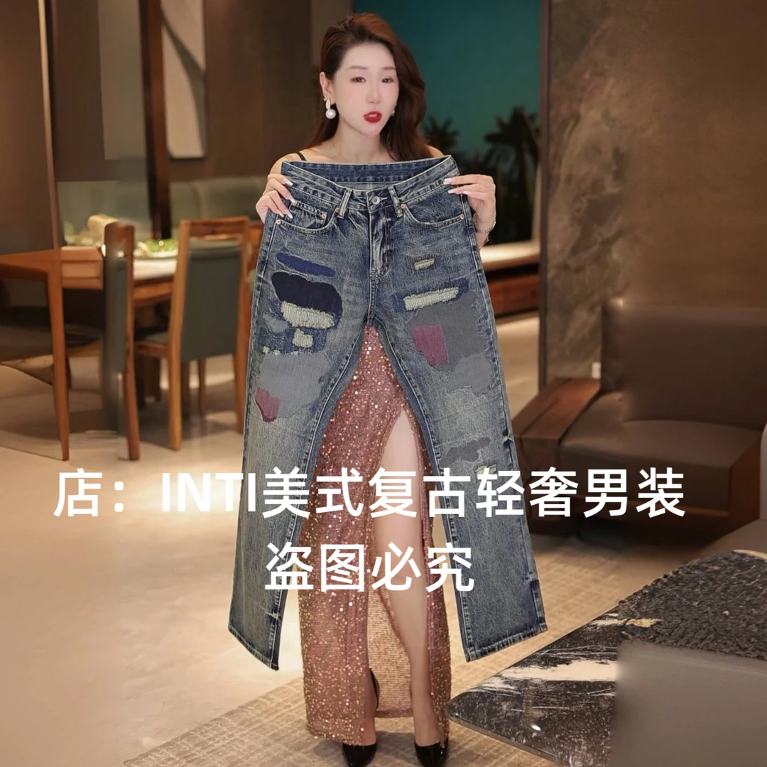 INTI秋冬季高端美式复古印花男士牛仔裤宽松直筒大裤脚阔腿裤微喇