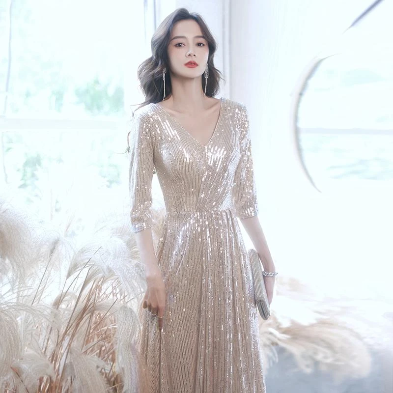 高档晚礼服女新款2021爆款气质高档奢华大牌亮片高端宴会主持人连