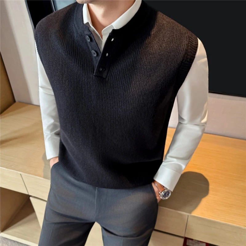 老钱风亨利领毛衣针织马甲内搭舒适无袖背心男黑色