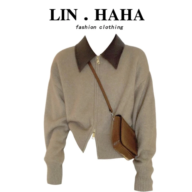 秋季新款胖妹妹美拉德复古拼接翻领长袖毛衣上衣女宽松显瘦针织衫