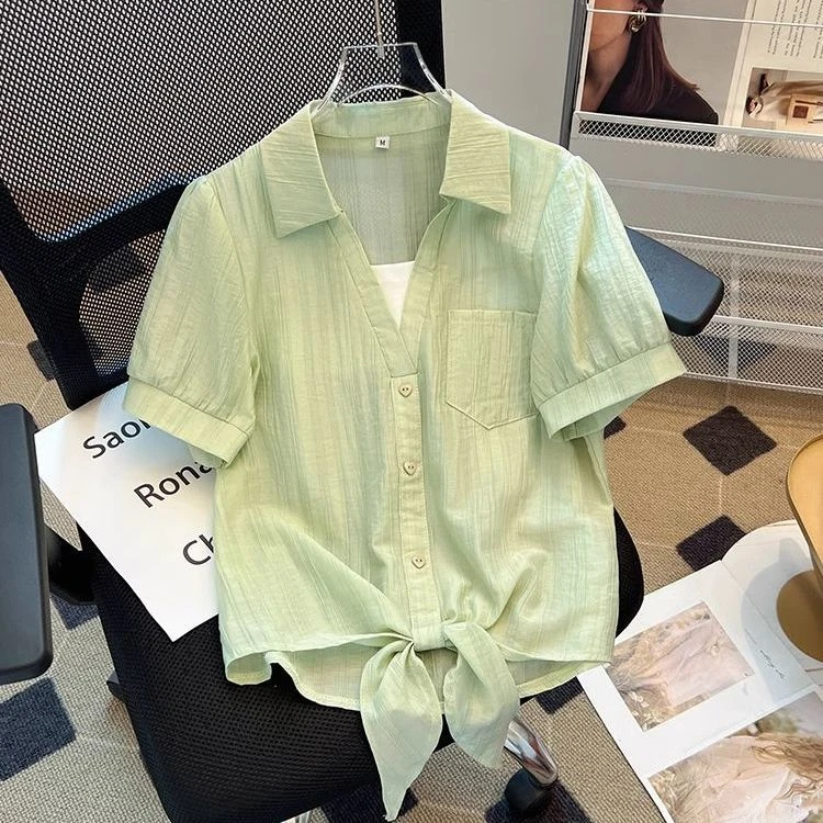 短袖T恤女百搭新款夏季宽松POLO领假两件下摆打结套头雪纺上衣