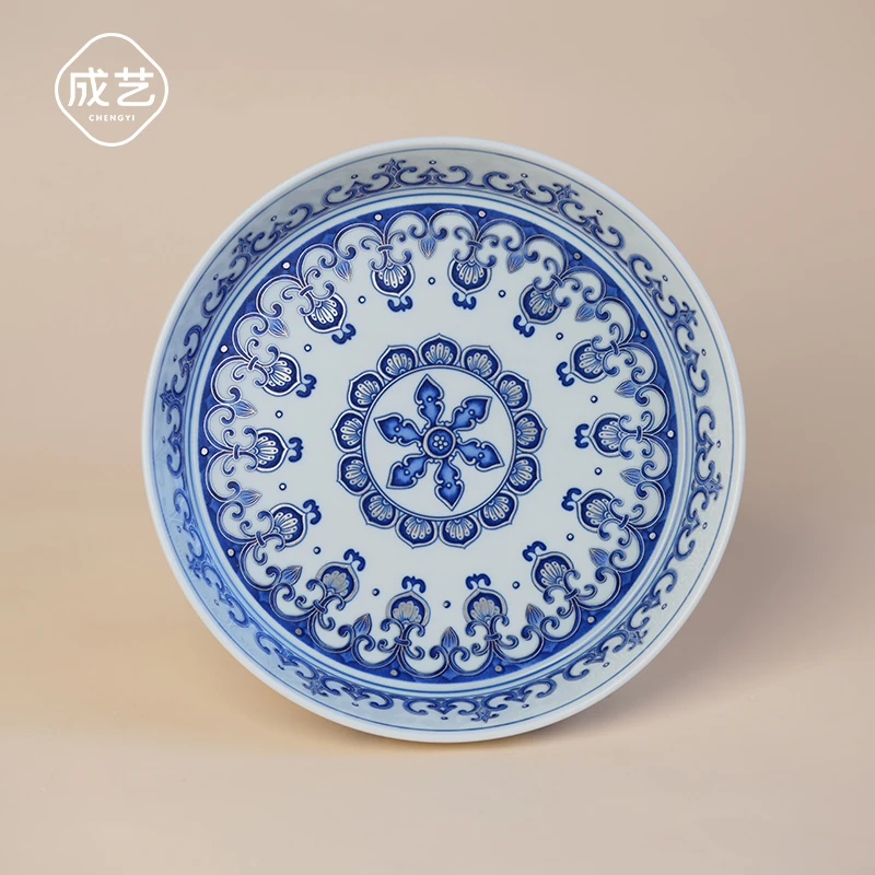 覆银宝相陶瓷壶承中式复古点心盘风格大号青花干泡台家用壶托高端