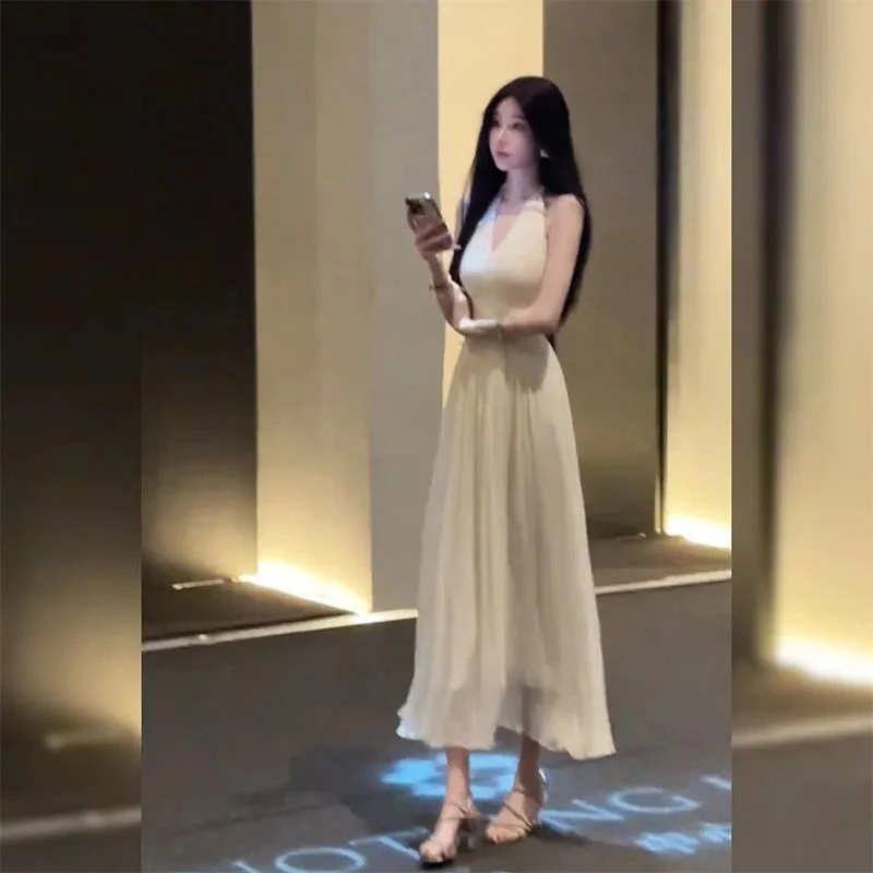 纯欲温柔风v领无袖背心连衣裙女夏季新款收腰显瘦长裙礼服裙