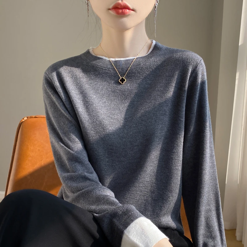 【破价宠粉】秋冬新款拼色假两件针织衫减龄百搭毛衣女士显瘦毛衣