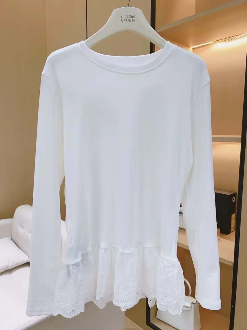 丨秋冬新款白色花边蕾丝外穿内搭圆领休闲宽松打底衫 5840