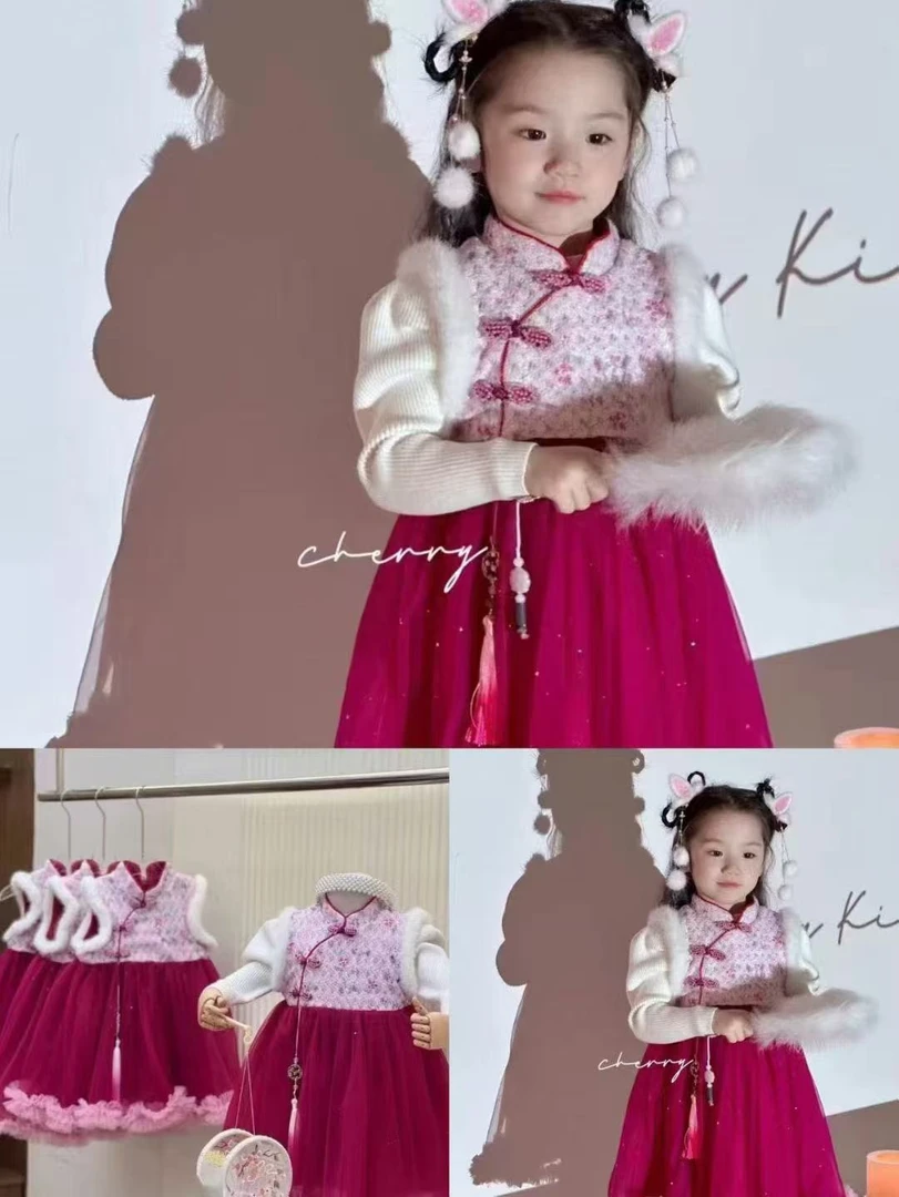 拜年服【火龙果色-加绒连衣裙套装】春款-女童长袖连衣裙