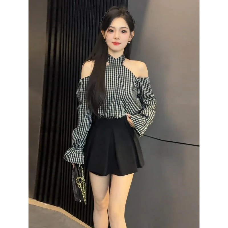 小个子早秋穿搭一整套2025新款法式套装条纹格子衬衫半身裙两件套
