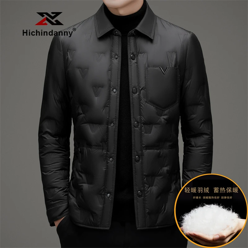HICHIN衬衫翻领羽绒服男冬季短款时尚休闲外套轻奢白鸭绒轻薄上衣