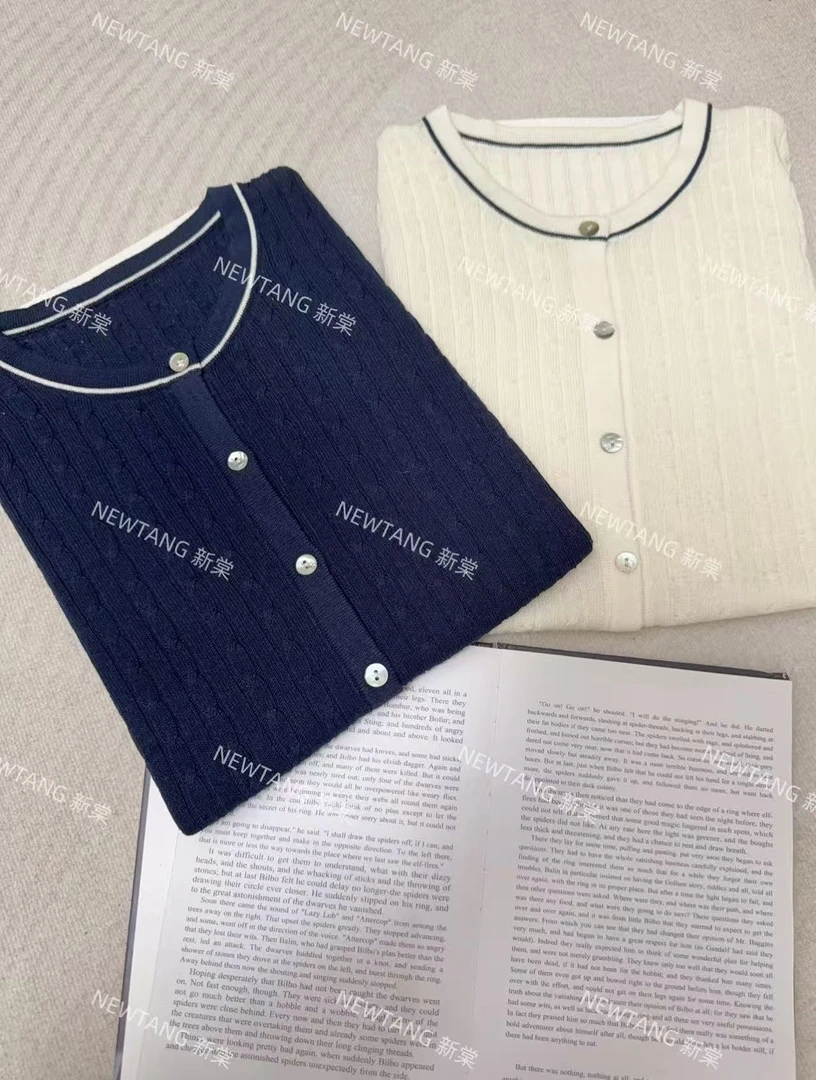 【撞色边麻花】226苎麻气质圆领简约透气显瘦短袖开衫