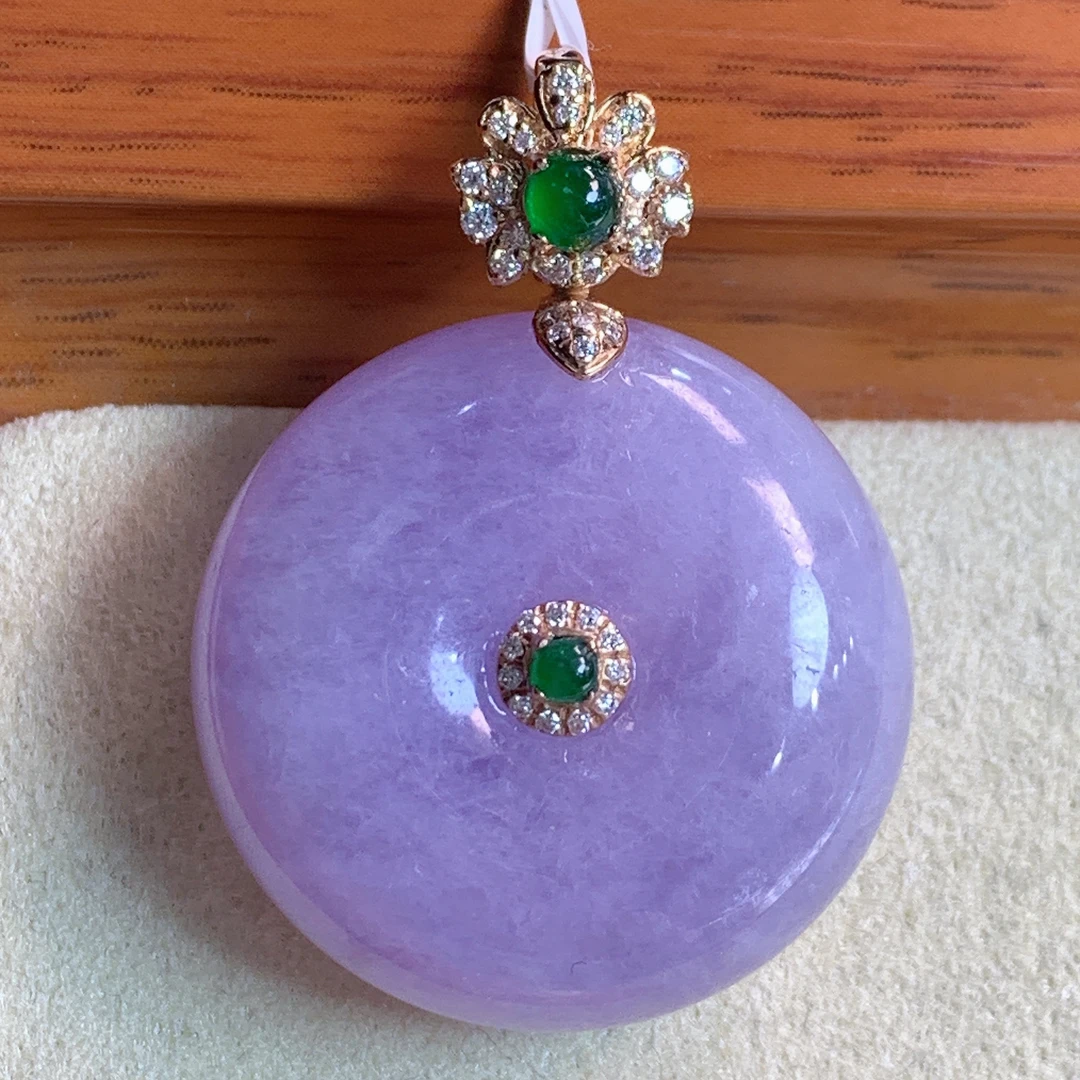 天然缅甸A货翡翠玉石18k金浓紫罗兰平安扣吊坠j整33裸石24.5/11mm