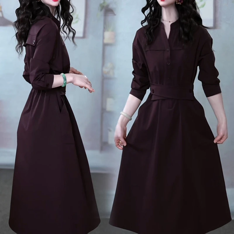 时尚长袖工装连衣裙女2025年秋季新款气质设计感显瘦中长款休闲裙