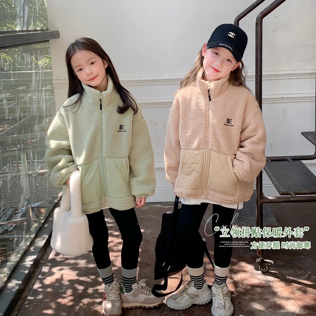 布丁哈鲁M【】2023冬款儿童加厚立领羊羔瑟家拼接毛毛外套G34CJ048W