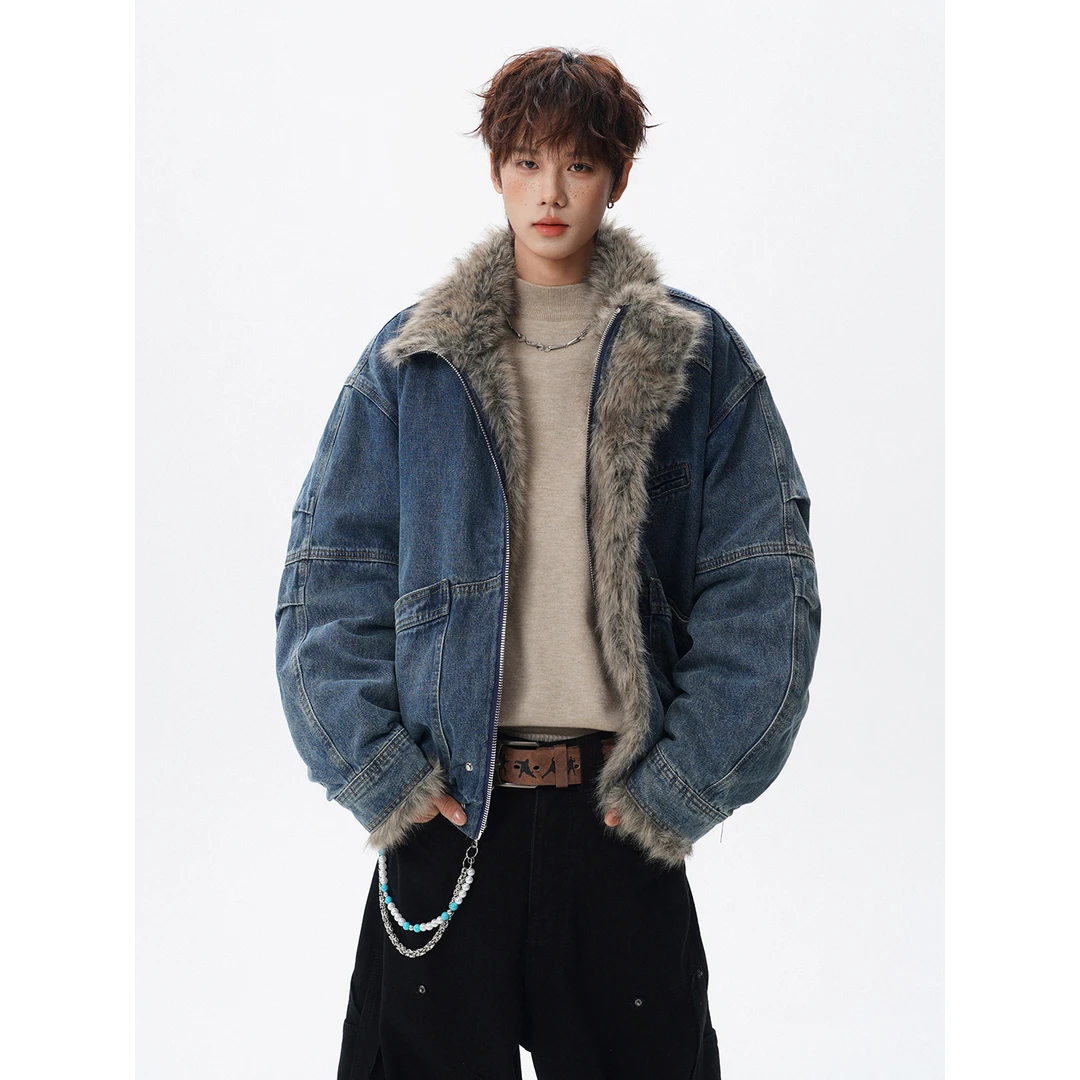 男生高级感裁片拼接毛领牛仔棉衣男款冬季美式短款加厚座山雕外套