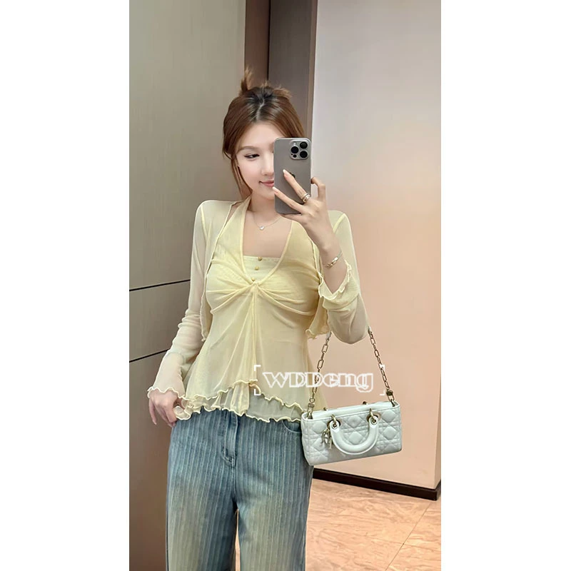 现货款王等等【温柔岁月】原创款长袖开衫+挂脖背心套装U225A09934