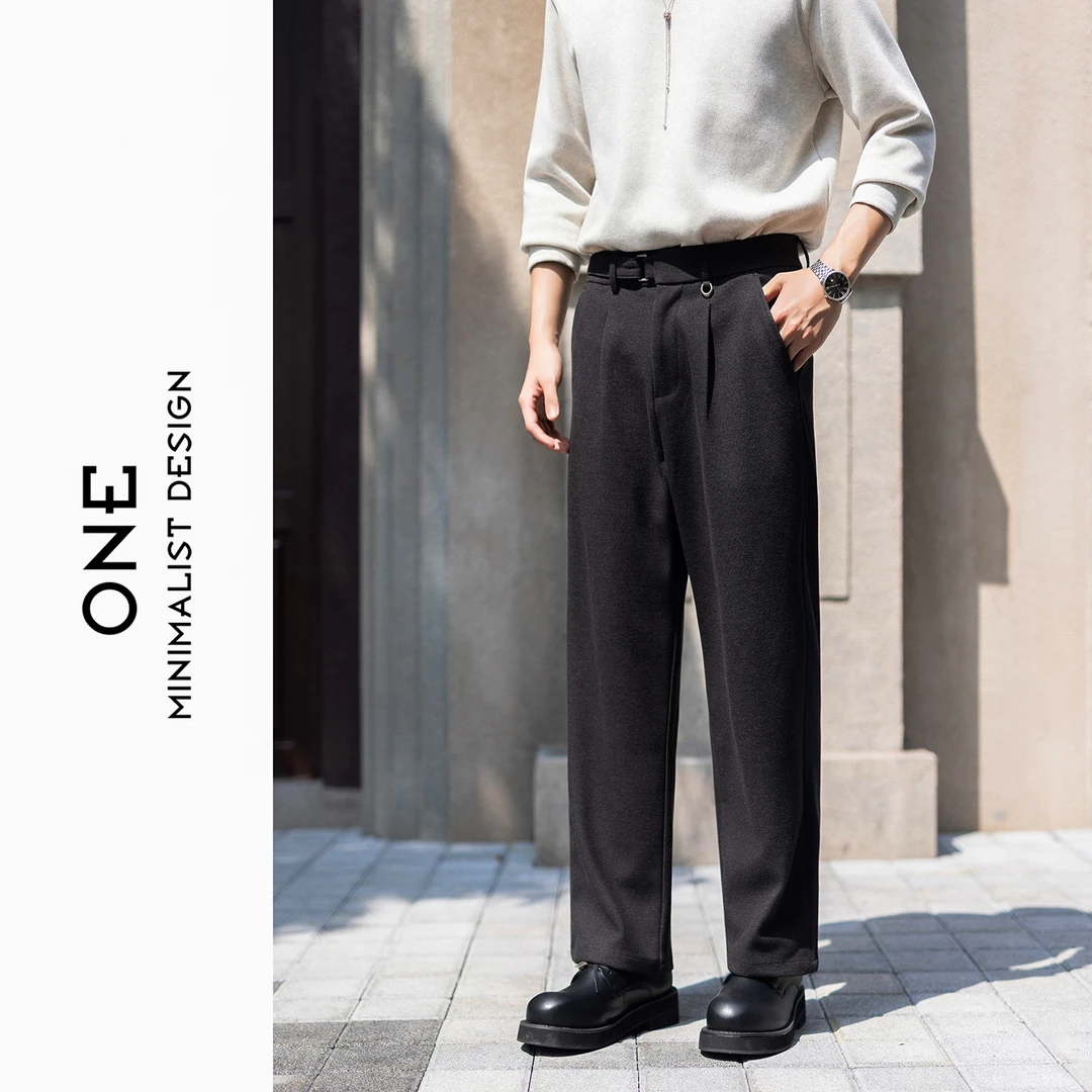 秋冬新款老钱风男士直筒休闲裤宽松长裤高级感极简风直筒毛呢裤