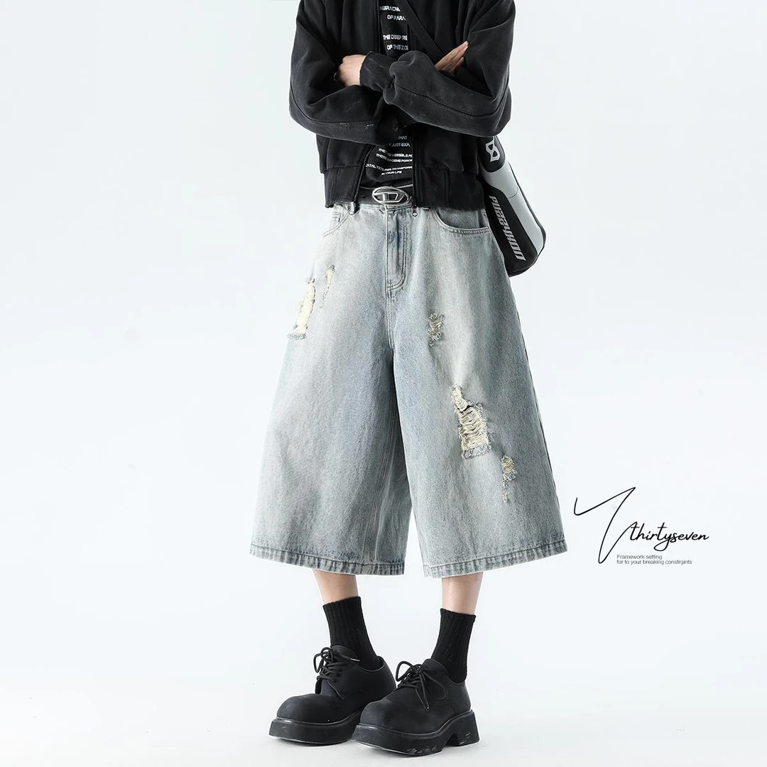 V37水做旧风七分裤子男2025春秋季新款美式cleanfit潮牌牛仔裤