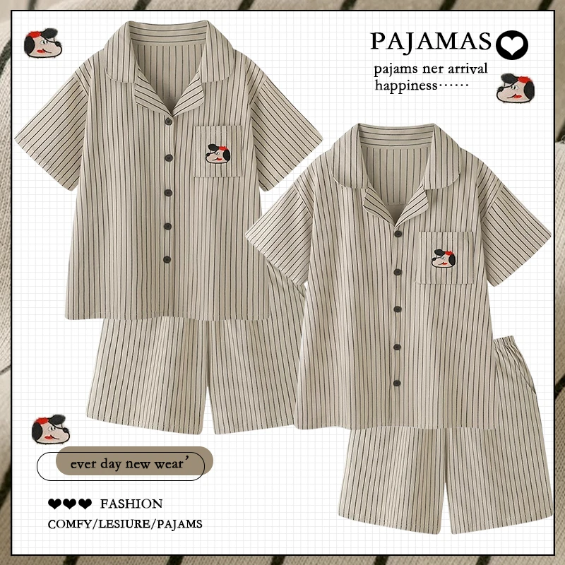 卡通条纹夏季纯棉睡衣一男一女夏款情侣家居服可外穿短袖套装男士