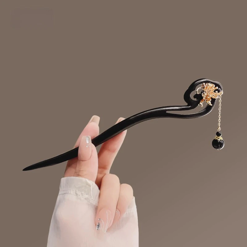 古风祥云仿黑檀木发簪女新中式流苏盘发簪子日常简约旗袍配饰木钗