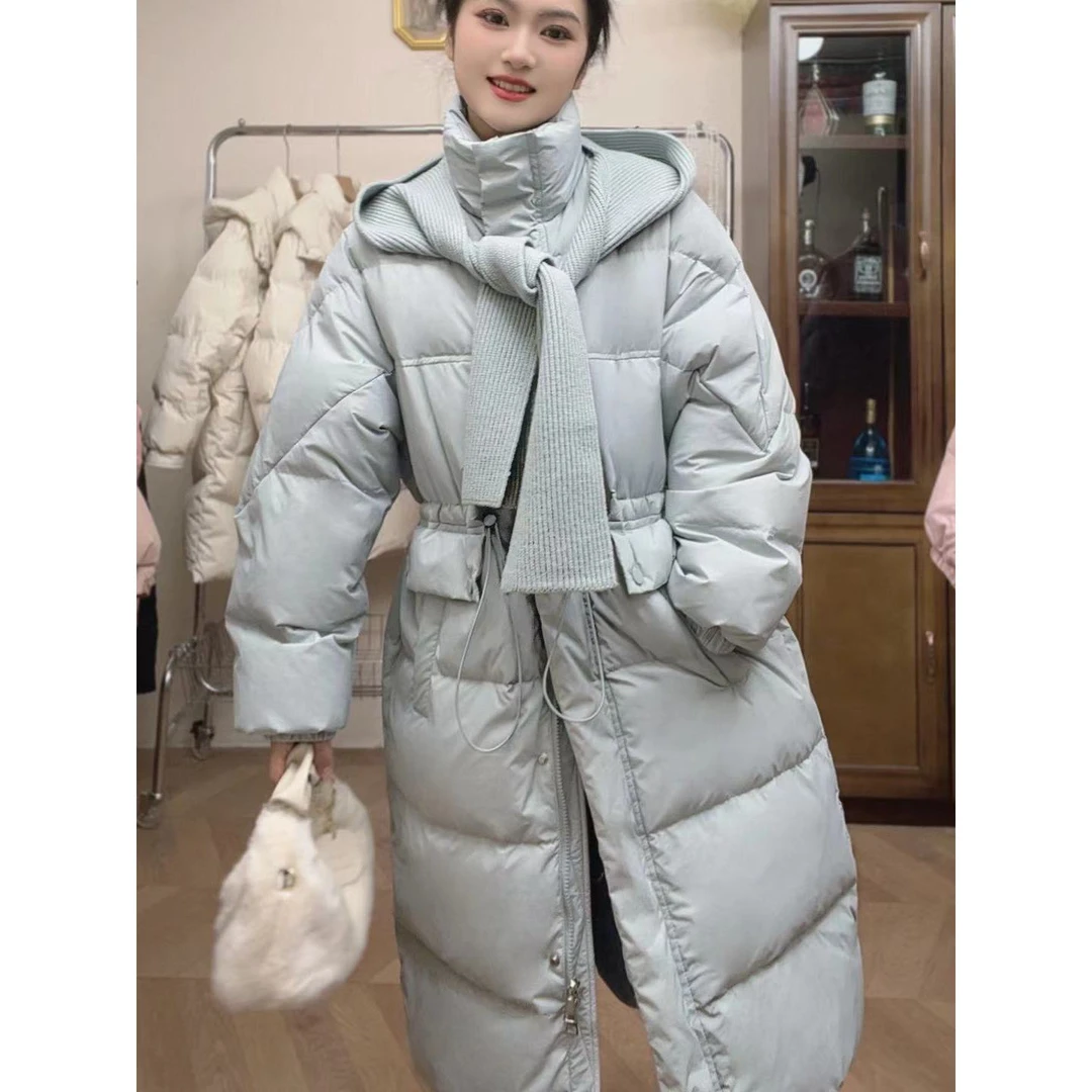 羽绒服女披肩围巾连帽收腰中长款冬季新款韩版宽松2025白鸭绒外套