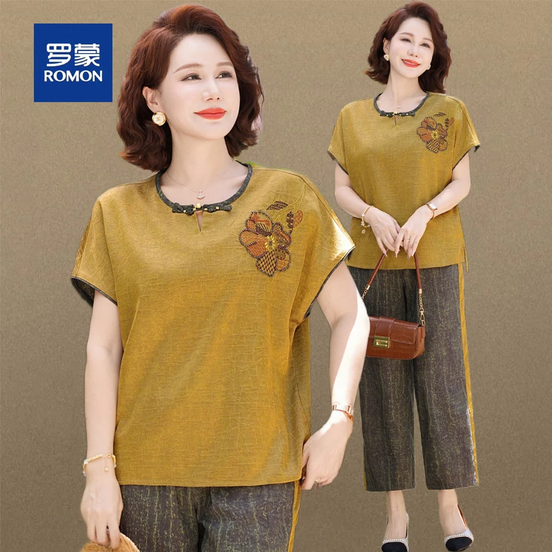 罗蒙中老年女装妈妈装短袖套装夏季新款大码刺绣小衫两件套奶奶装