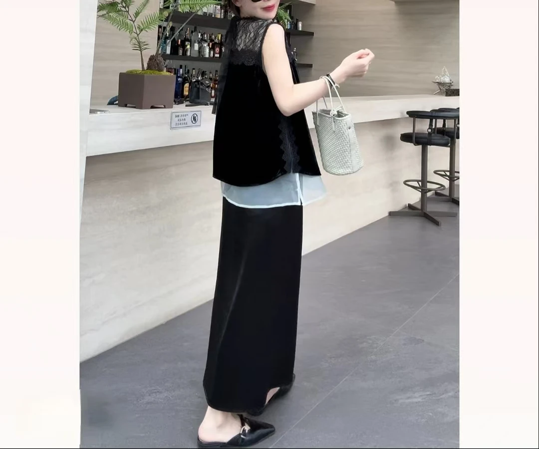 凤姐定制 {蕾丝丝绒马甲} F0062025005 时尚气质夏季无袖黑色拼接