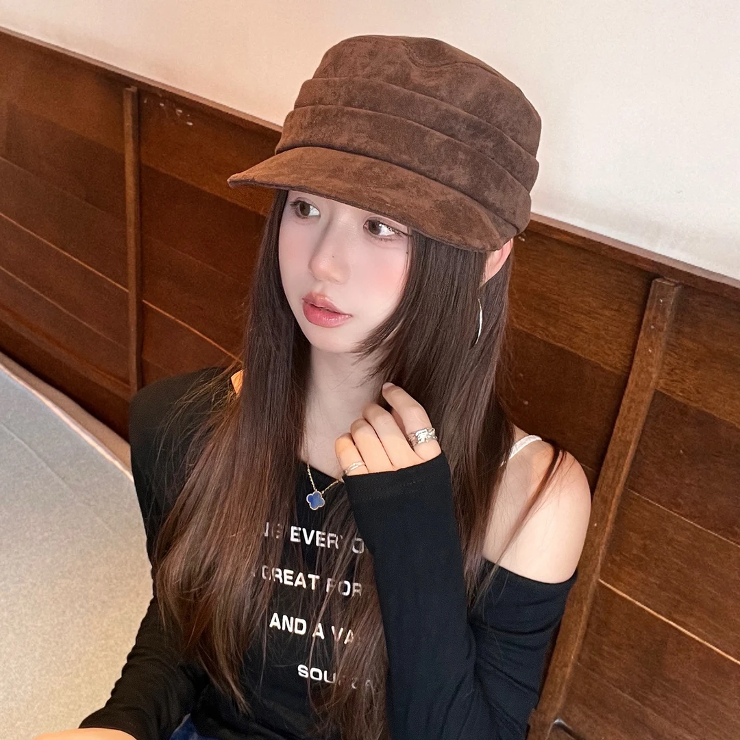 时尚纯色马术帽麂皮绒平顶鸭舌帽女休闲百搭日系春秋八角帽显脸小