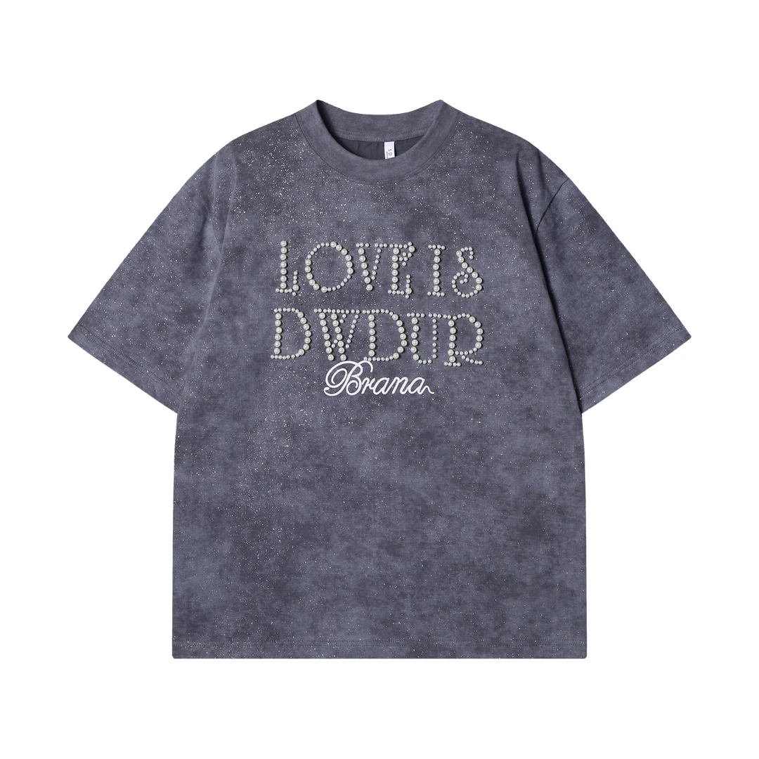 夏季高级感新款扎染满天星立体珠子圆领短袖T恤宽松设计师上衣