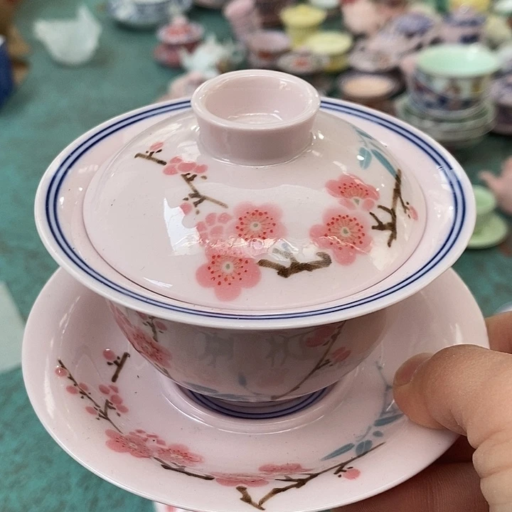 摆件陶红稀土翠竹三才盖碗