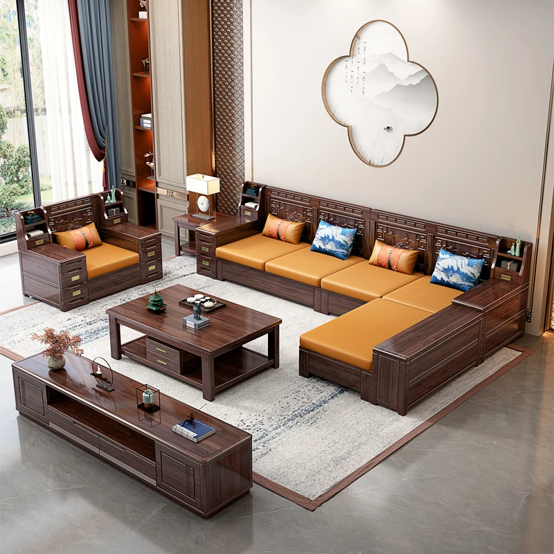 Kr-998#新中式乌金木沙发客厅转角贵妃冬夏两用储物禅意雕花沙发