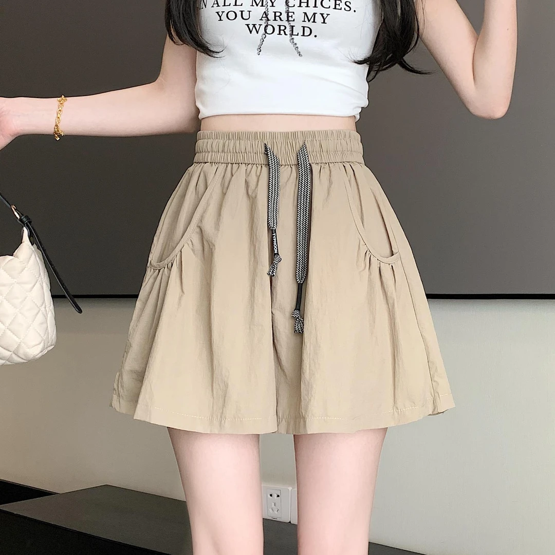 速干短裤女夏季薄款2025新款外穿显瘦宽松阔腿抽绳高腰a字休闲裤