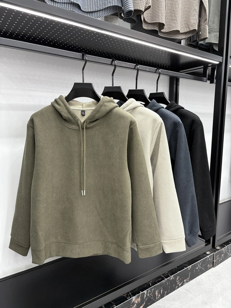 男士长袖秋冬新款纯色抽绳连帽卫衣加绒加厚户外休闲运动宽松保暖