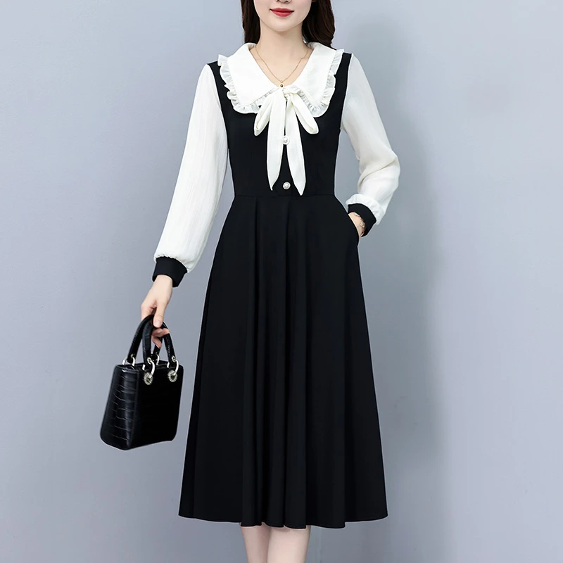 春秋新款时尚洋气撞色拼接大码女装胖mm修身显瘦中长款长袖连衣裙