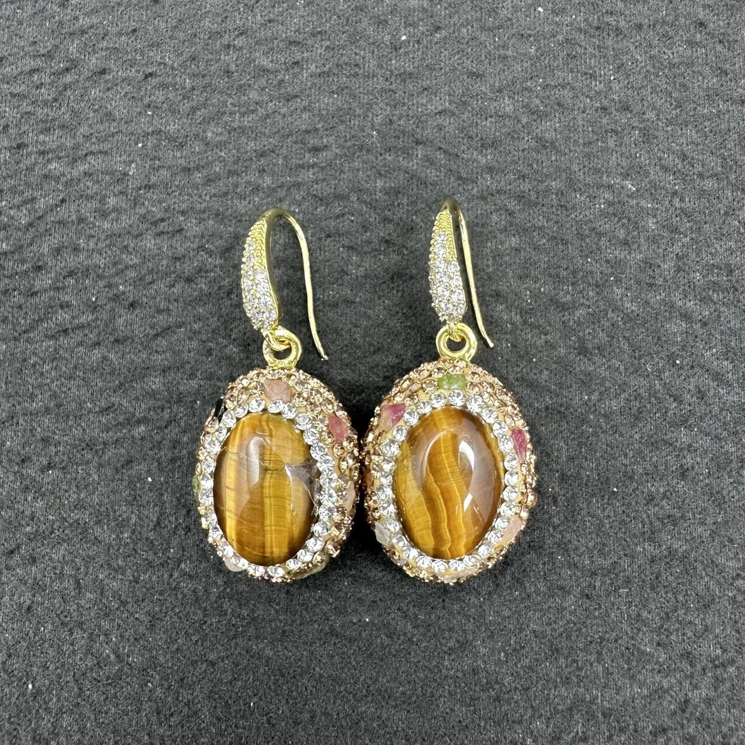 铜合金锆石耳饰 铜合金锆石耳饰 高级复古虎晴石耳环-yz