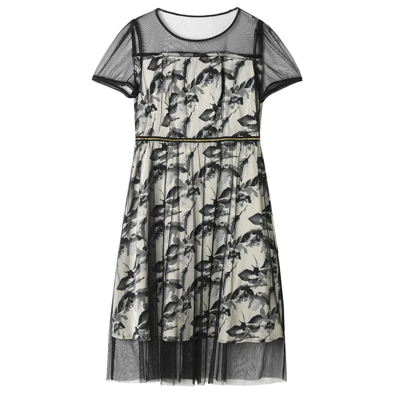 【H1402黑花连衣裙]时尚黑色潮流夏季气质女士拼接中长款