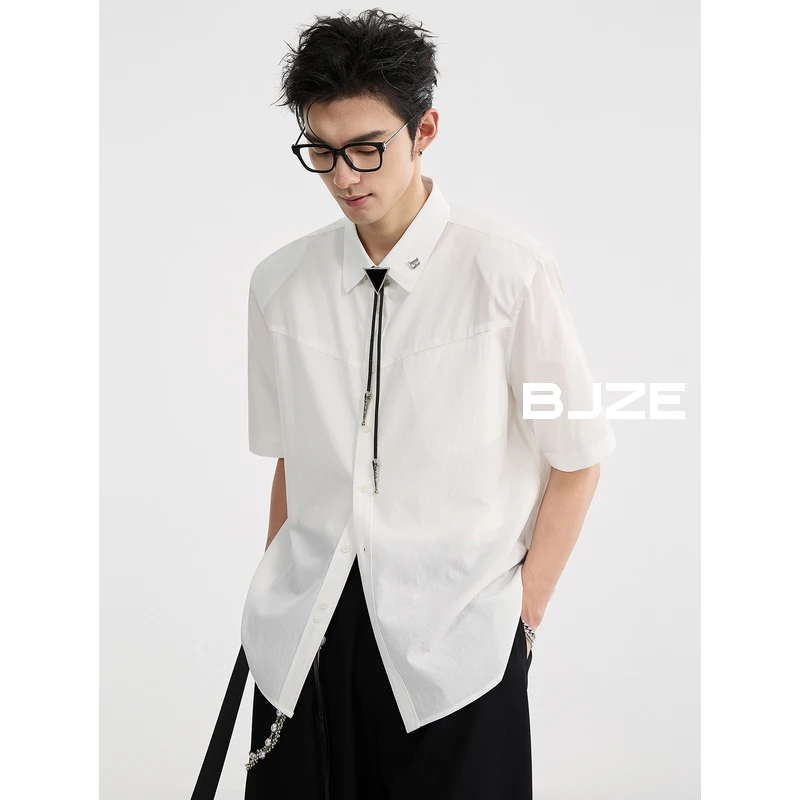 [垫肩设计感凉感速干]BJZE男装夏季短袖衬衫休闲痞帅上衣R521188