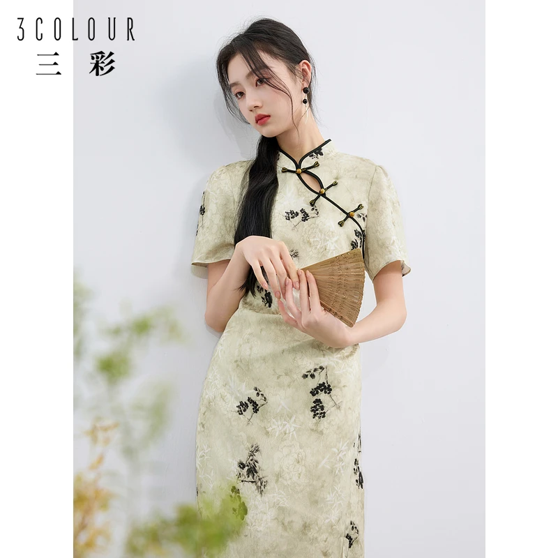 大码女装2025春季新款新中式立领连衣裙收腰改良旗袍开叉胖MM