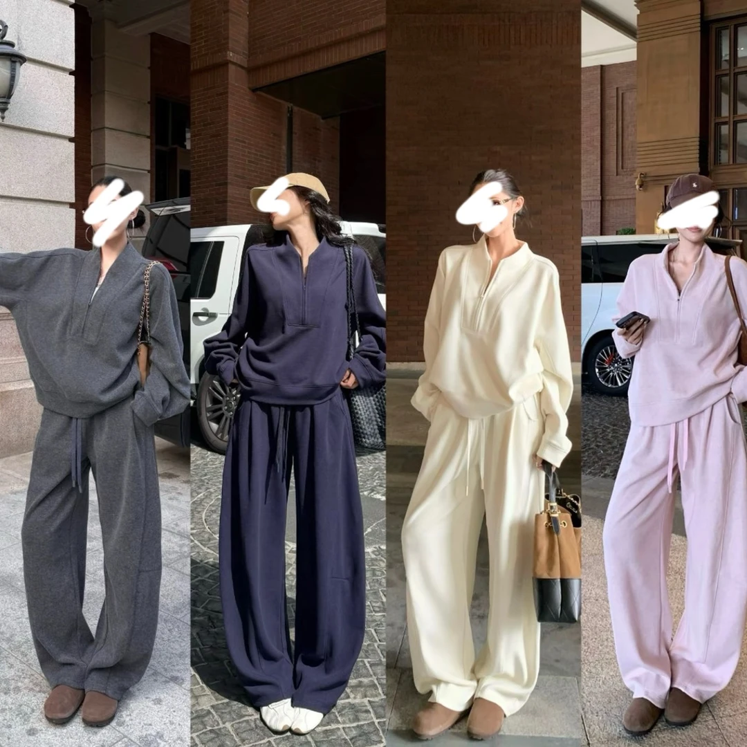 Cute Club 休闲风运动风老钱时尚套装上衣宽松高腰系带长裤秋冬套