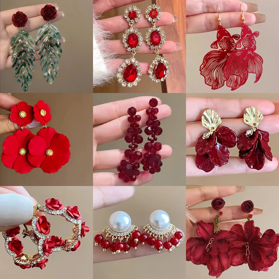 合金耳饰 新年红美拉德百搭耳钉女2025新款感耳环复古小众耳饰