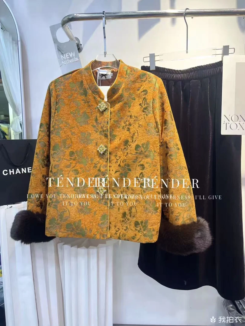 2025时尚国风新中式扎染圆领加厚毛毛拼接印花外套