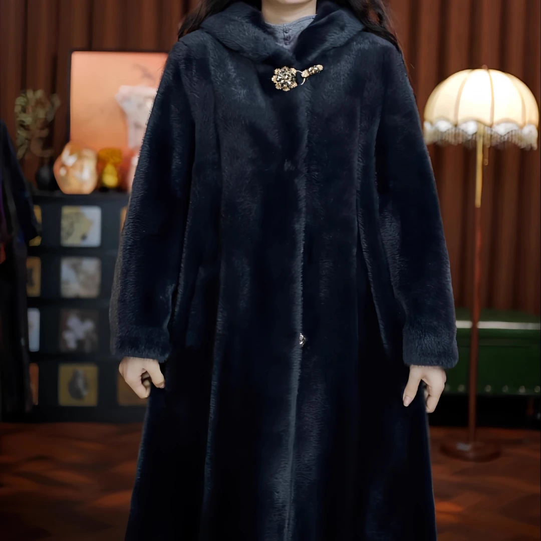 眉黛青颦(高级灰色)厚款长款连帽女装秋冬皮毛大衣外套