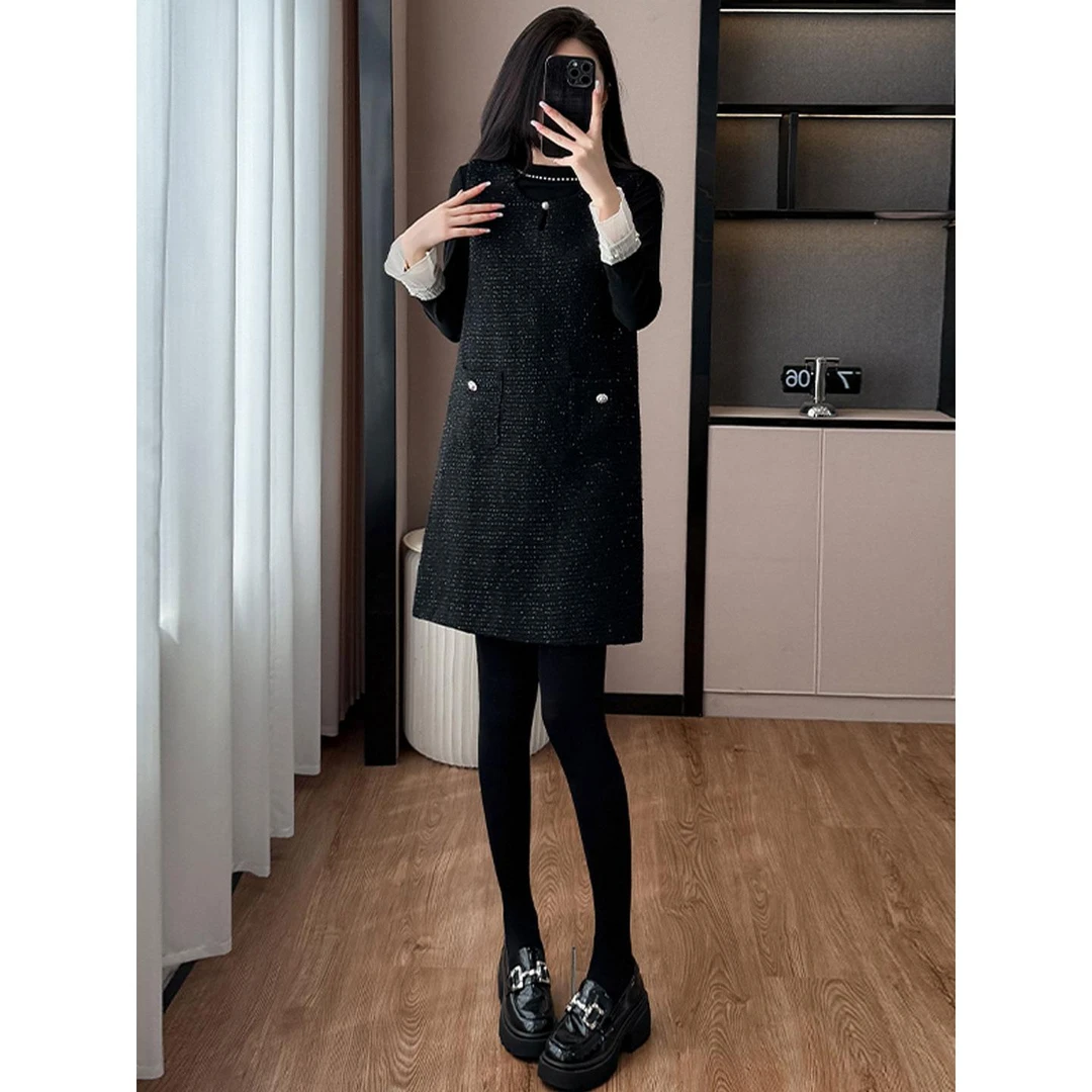 法式小香风背心连衣裙套装女秋冬大码胖mm显瘦中长款打底衫两件套
