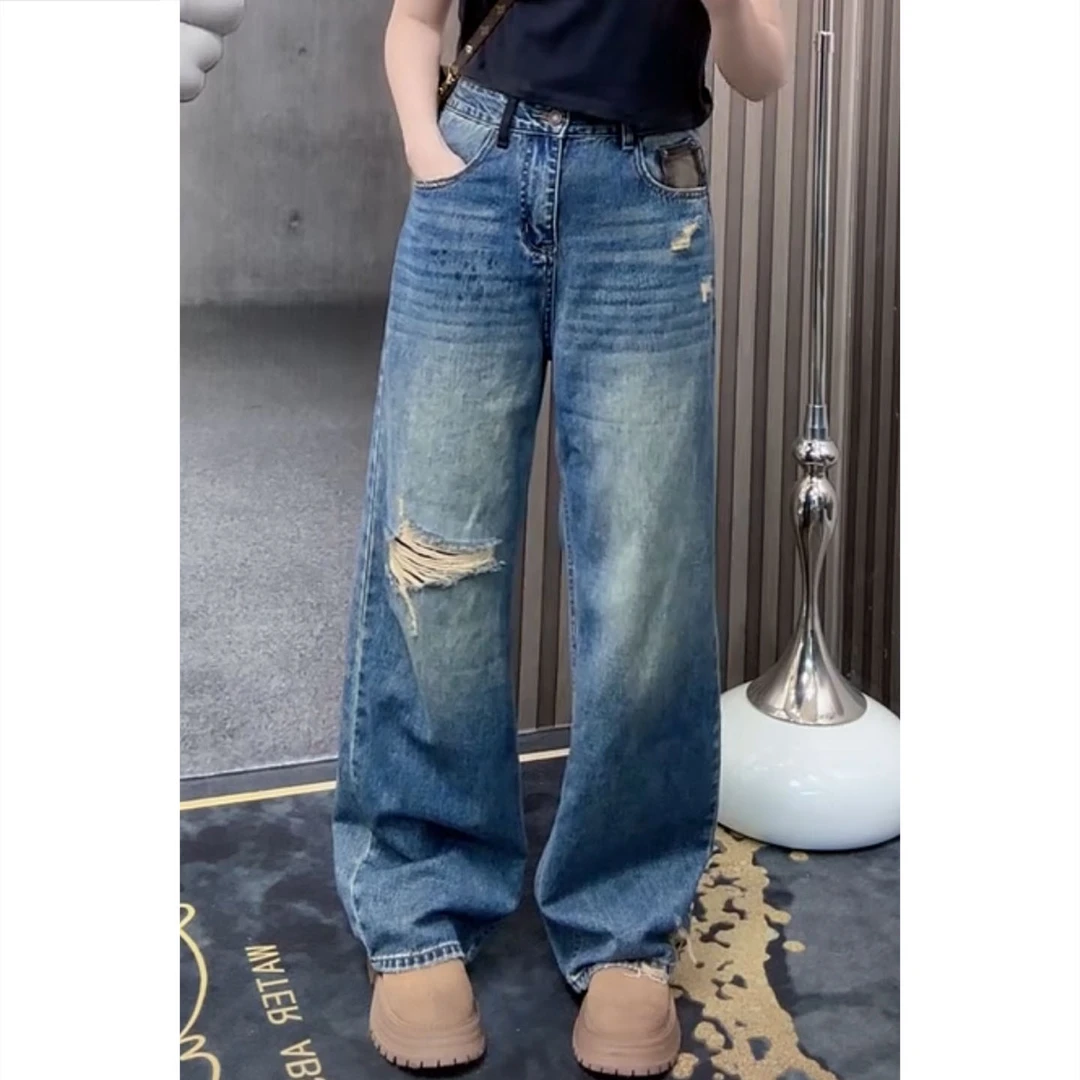 艾塔莉百搭牛仔裤女早秋新款假破洞美式高街水洗宽松高腰阔腿裤子