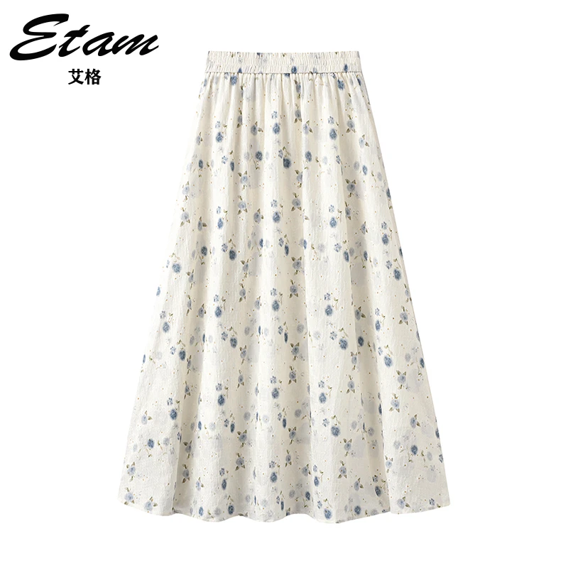 Etam/艾格海边度假风玫瑰碎花雪纺半身裙夏季新款垂感A字中长裙女