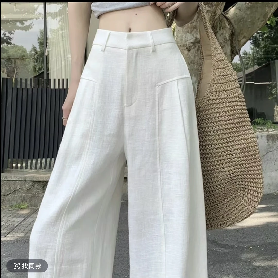 现货）白色亚麻阔腿裤女薄款高腰垂感西装直筒休闲裤夏9966